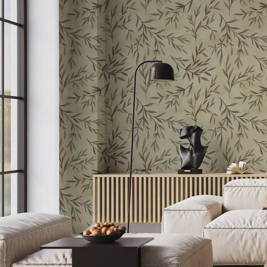 Fototapet Lila och gröna grenar med blad på en varm bakgrund a00936v4