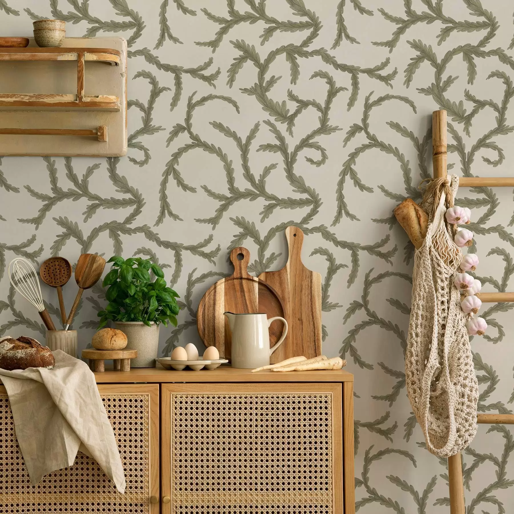 Fototapet Mjuka gröna barrträdskrullar på ljus bakgrund a00938