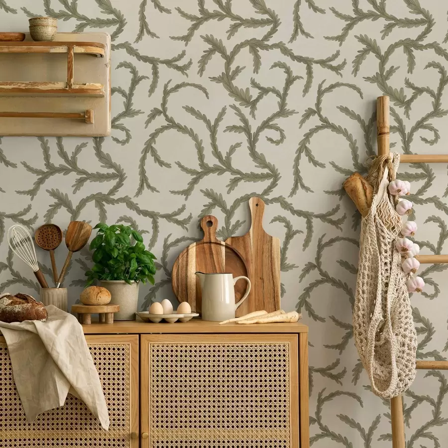 Fototapet Mjuka gröna barrträdskrullar på ljus bakgrund a00938