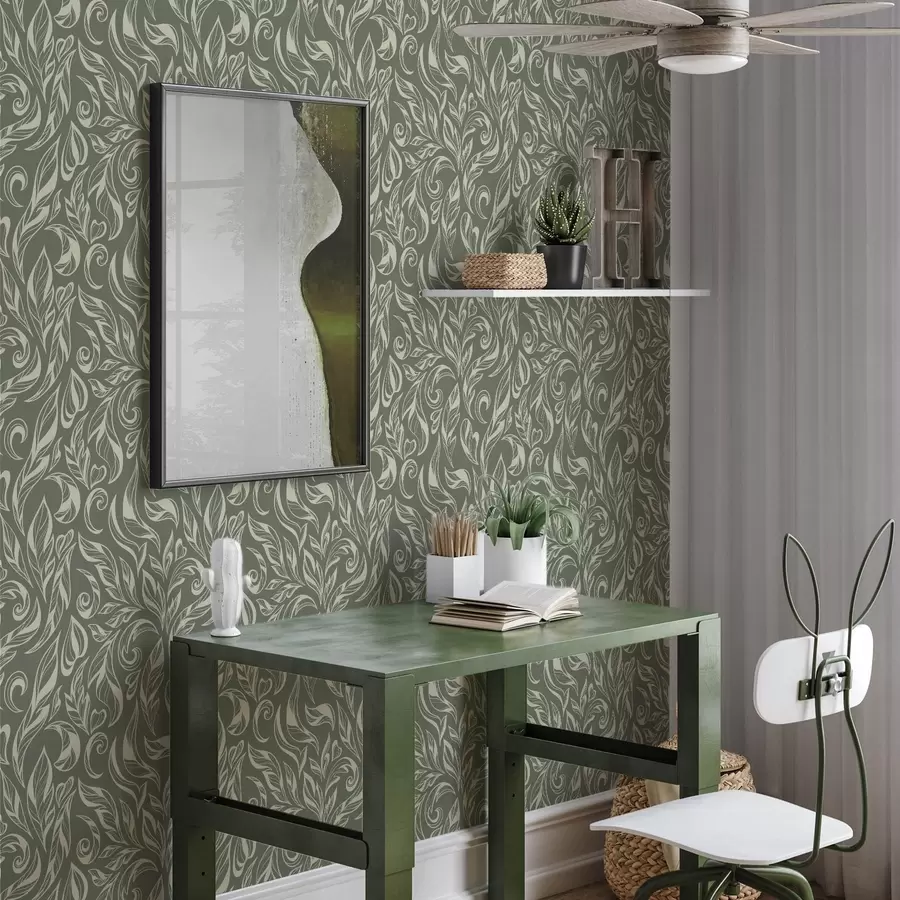 Fototapet Krämfärgat bladornament på en grönaktig grå bakgrund a00940v2