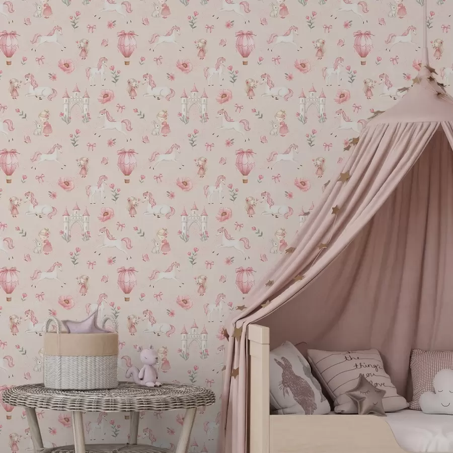 Fototapet Rosa enhörningar, små flickor och ett slott på en mjuk bakgrund a00957
