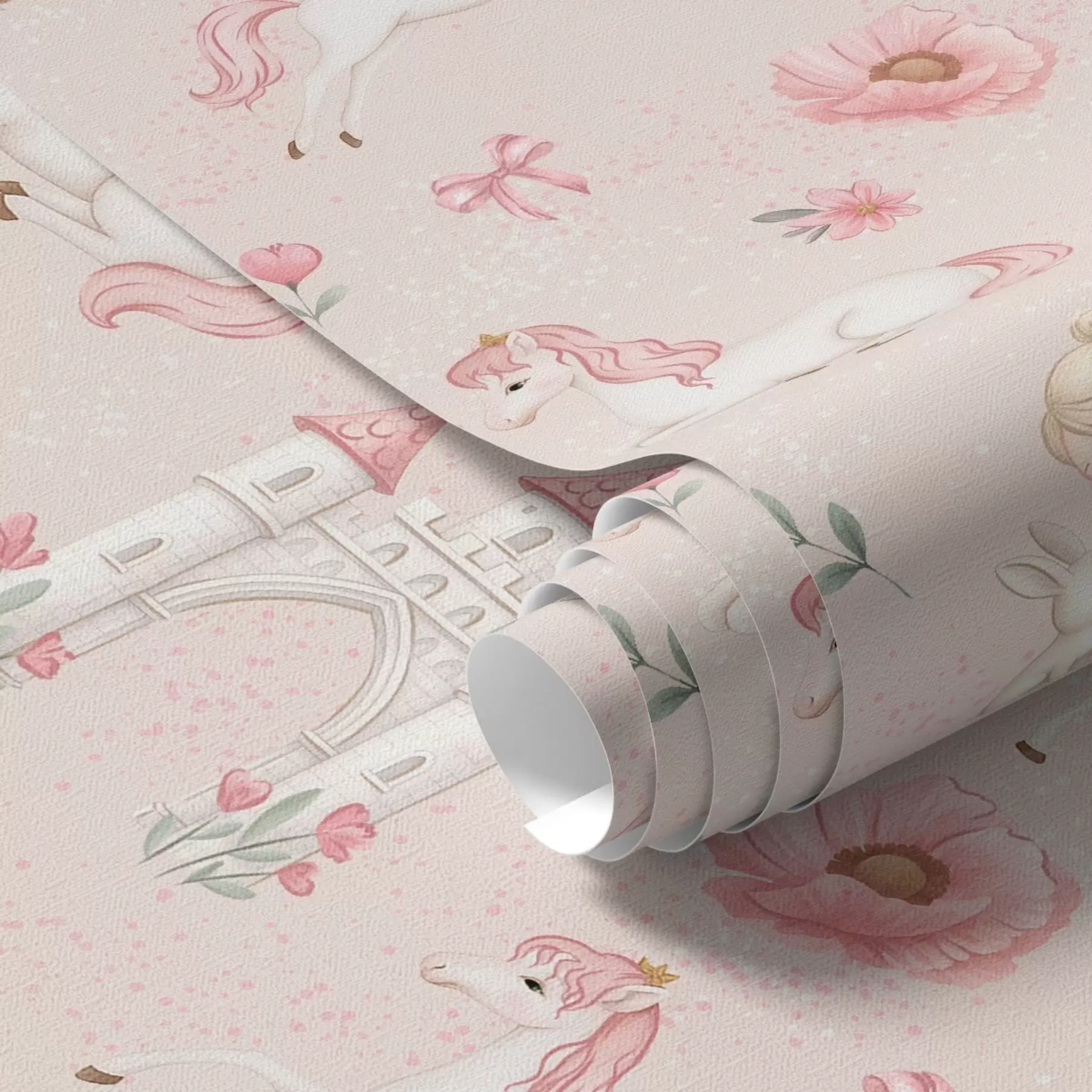 Fototapet Rosa enhörningar, små flickor och ett slott på en mjuk bakgrund a00957