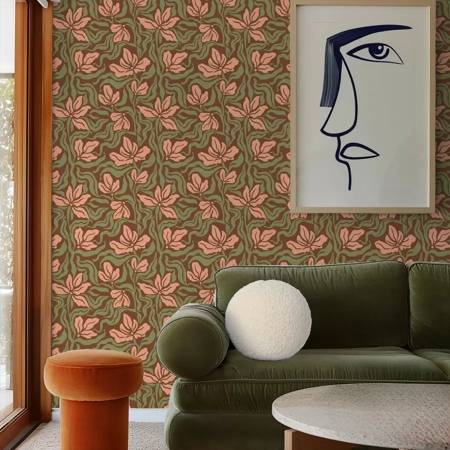 Fototapet Persikablommor och grönska på en djupbrun bakgrund a00958v2