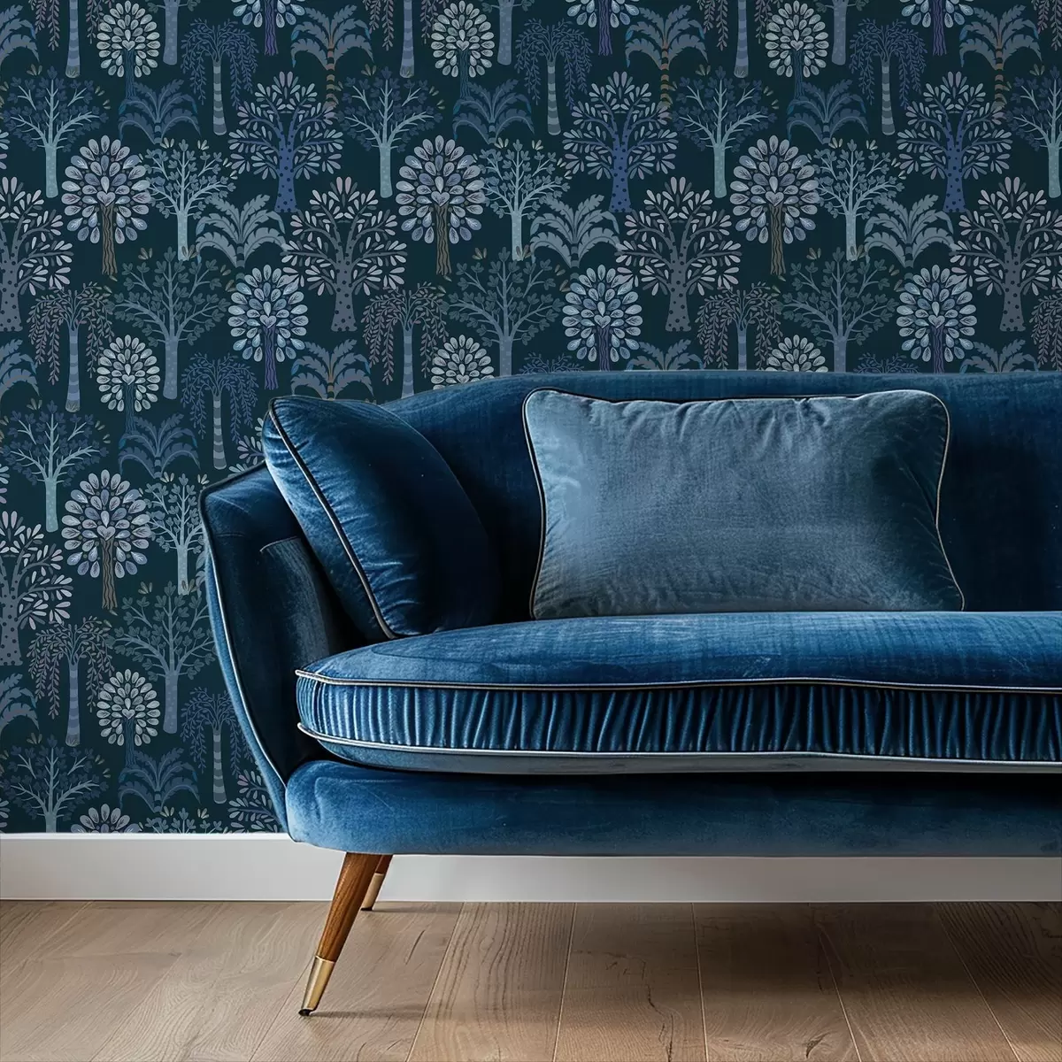 Bakgrund Nattlig skog med dekorativa träd i blå nyanser a00960v2