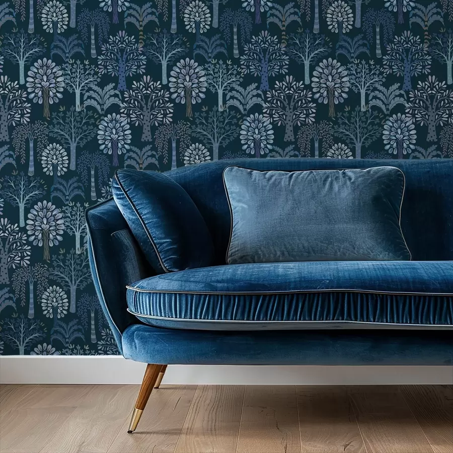 Fototapet Nattlig skog med dekorativa träd i blå nyanser a00960v2