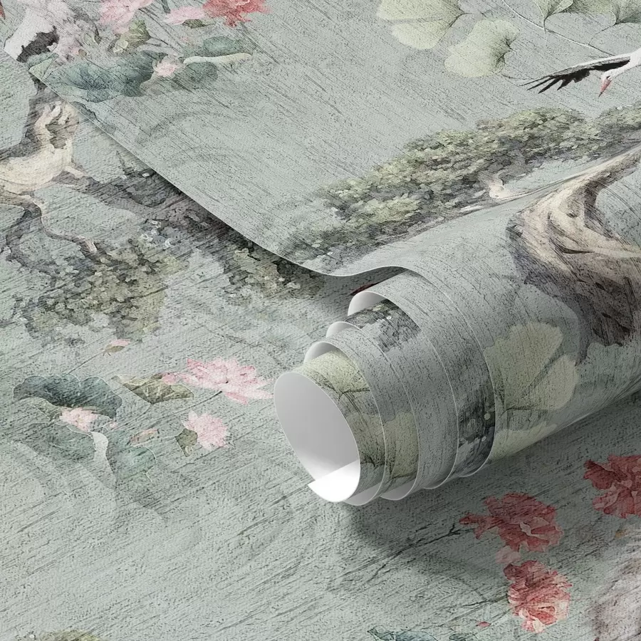 Fototapet Kranar bland tallar och lotusblommor på en lugn grön bakgrund a00962