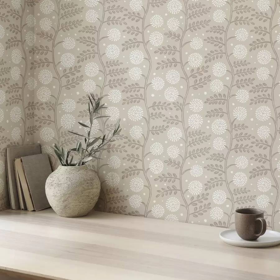 Fototapet Beige stjälkar med vita fluffiga blommor och mjuka prickar a00997