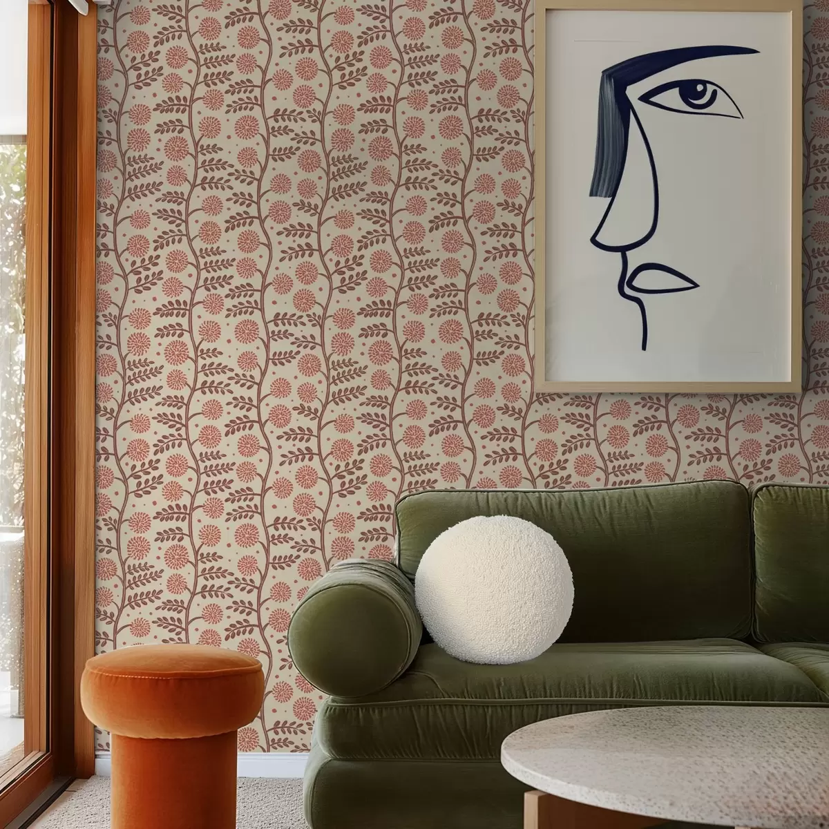 Bakgrund Terrakottafärgade stjälkar med fluffiga korallfärgade blommor på krämfärgad bakgrund a00997v1