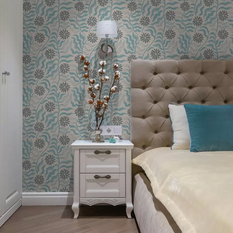 Fototapet Abstrakta blommor och vågiga blad i mjuka blå toner a00998v1