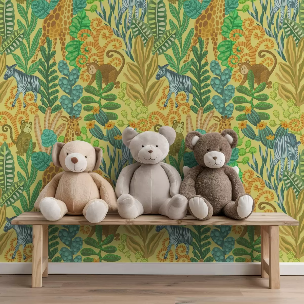 Bakgrund Giraff, zebra och apa i en ljusgul savann a01000v1