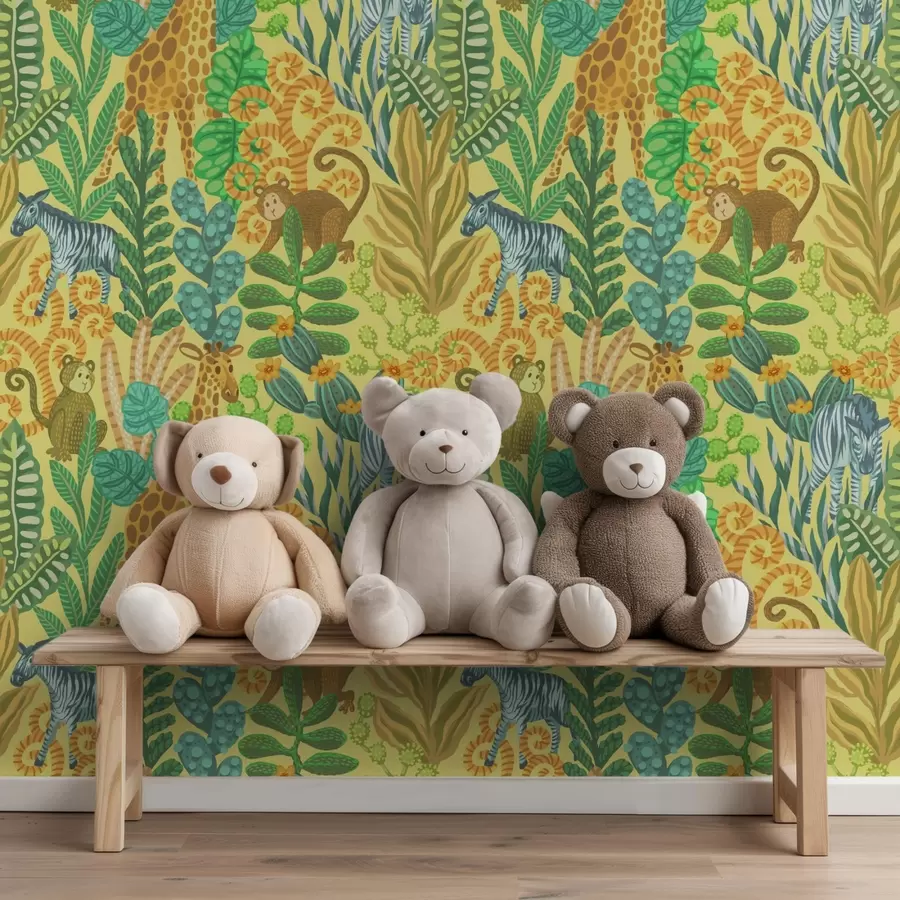 Fototapet Giraff, zebra och apa i en ljusgul savann a01000v1