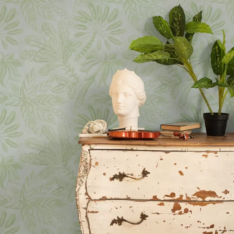 Fototapet Skissade tropiska blad i fräscha ljusgröna toner a01001v1