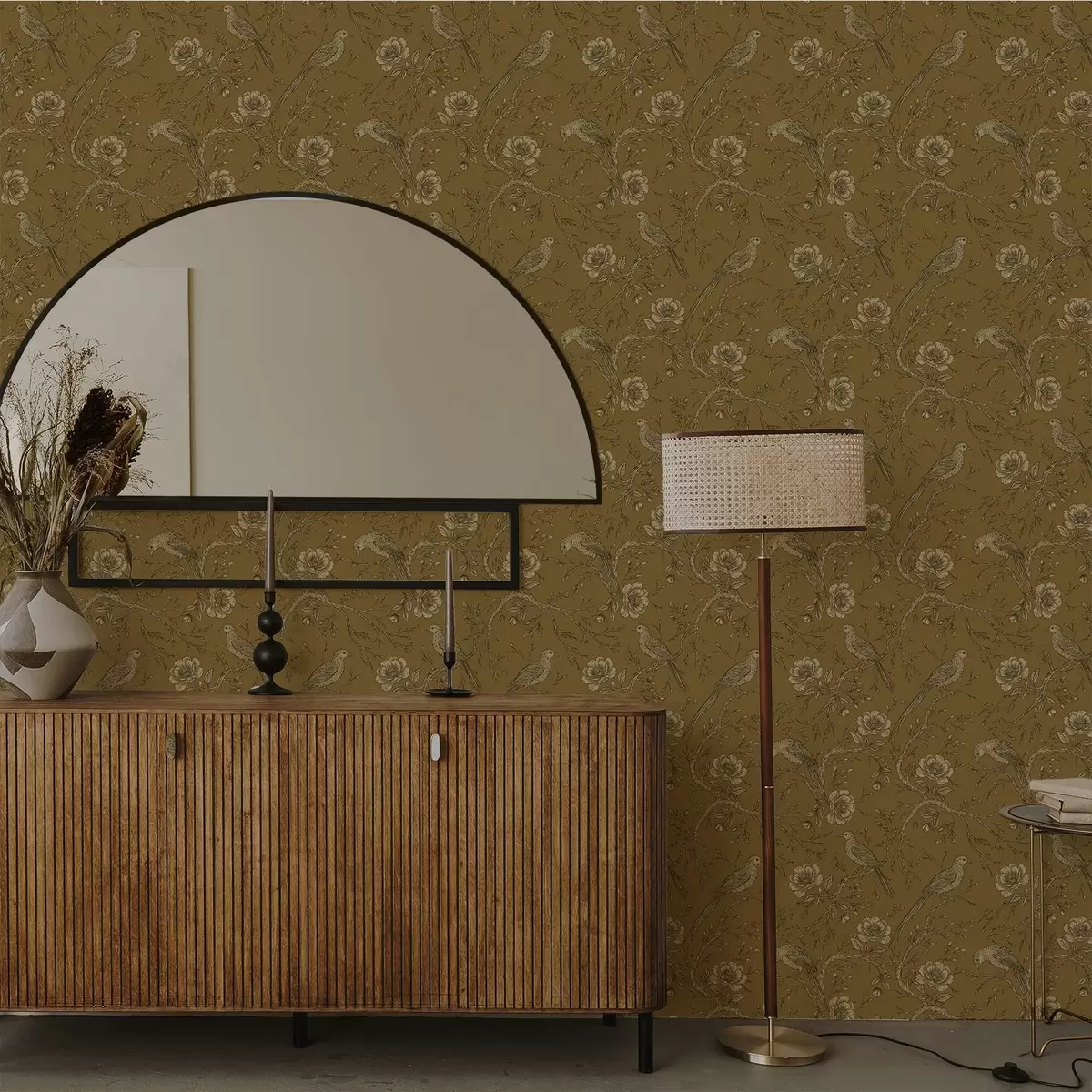 Bakgrund Vintage fåglar och blommor på en varm olivgrön bakgrund a01022v1