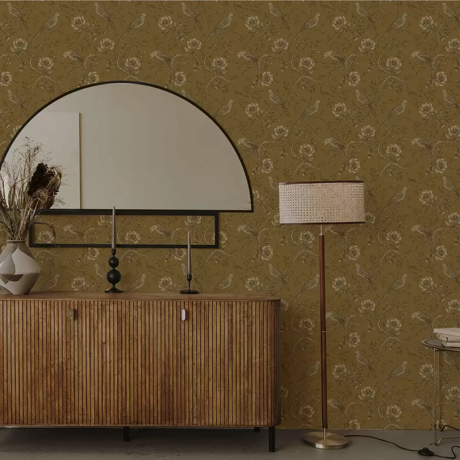 Fototapet Vintage fåglar och blommor på en varm olivgrön bakgrund a01022v1