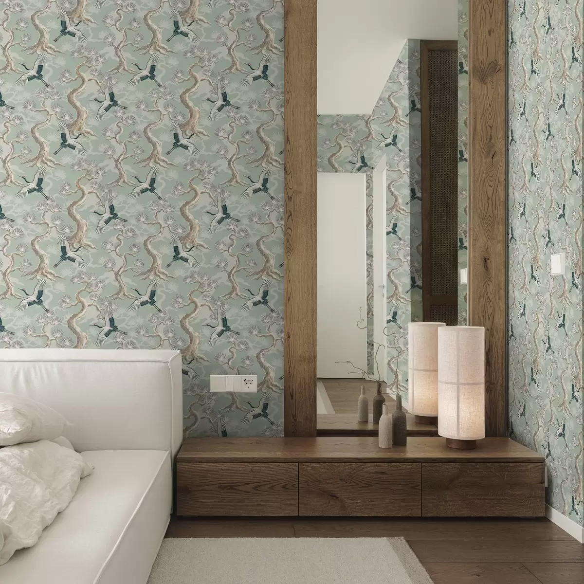 Bakgrund Kranar bland böjda grenar på en mjuk salviafärgad bakgrund a01023