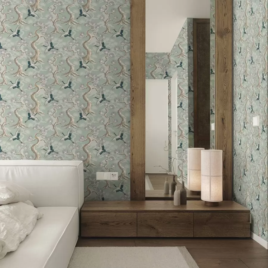 Fototapet Kranar bland böjda grenar på en mjuk salviafärgad bakgrund a01023