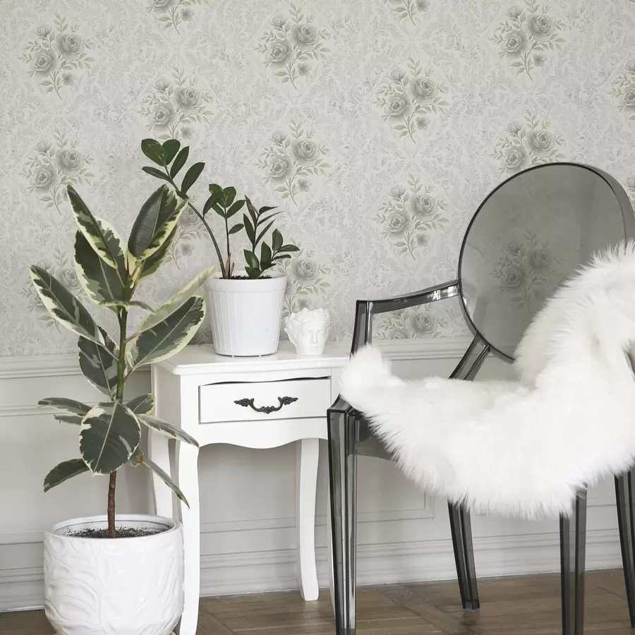 Fototapet Lätt damastmönster med grå rosor i mjuka romber a01024