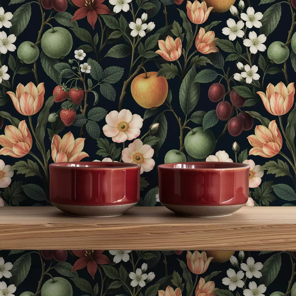 Bakgrund Mörk trädgård med blommor, mogna äpplen och bär a01034