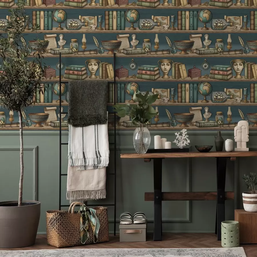 Fototapet Vintagehyllor med böcker, en jordglob och marina kuriosa a01036