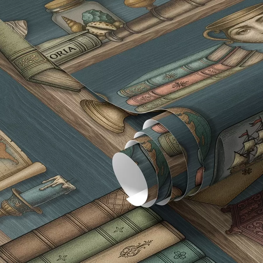 Fototapet Vintagehyllor med böcker, en jordglob och marina kuriosa a01036