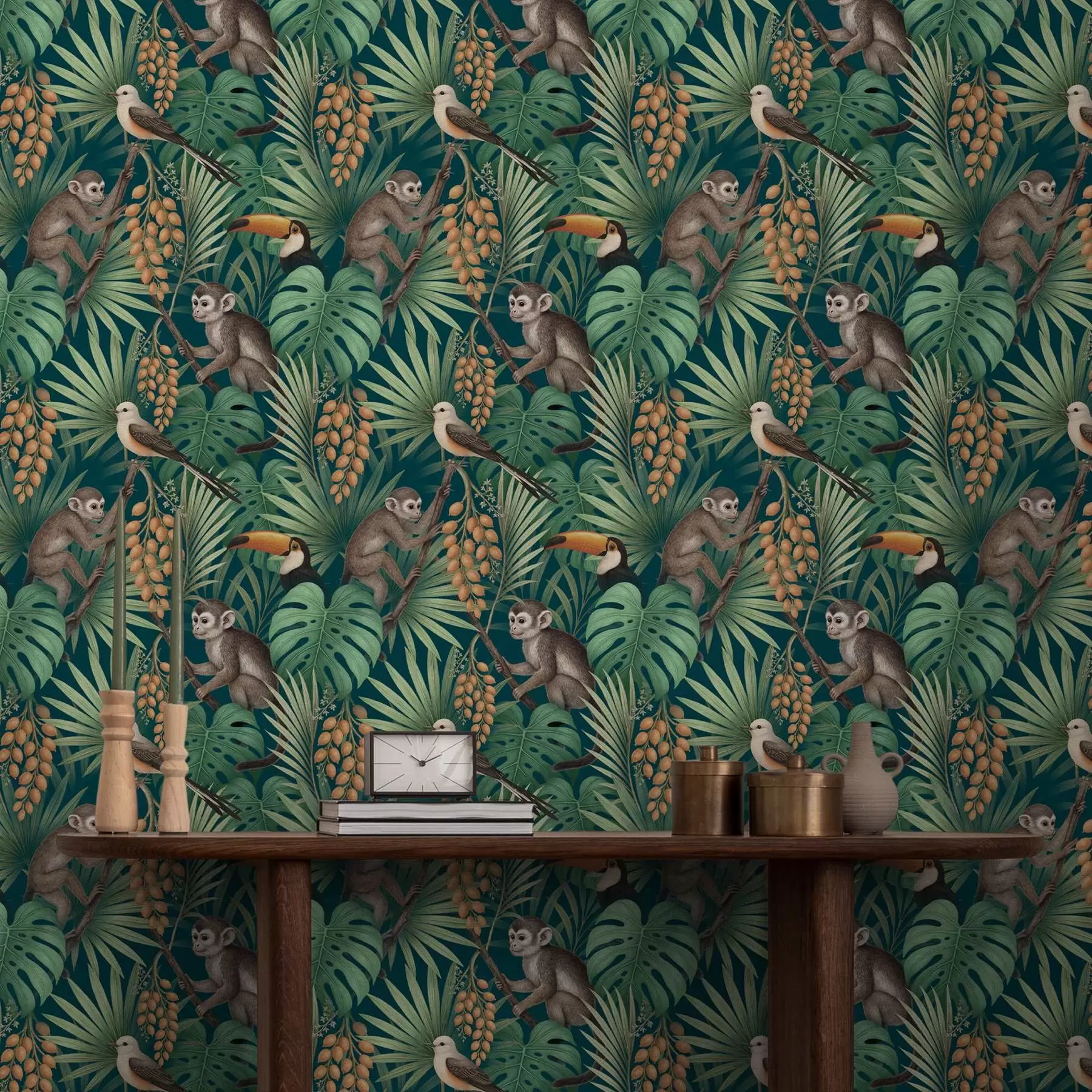 Fototapet Apor och tropiska fåglar i tät djungelvegetation a01037