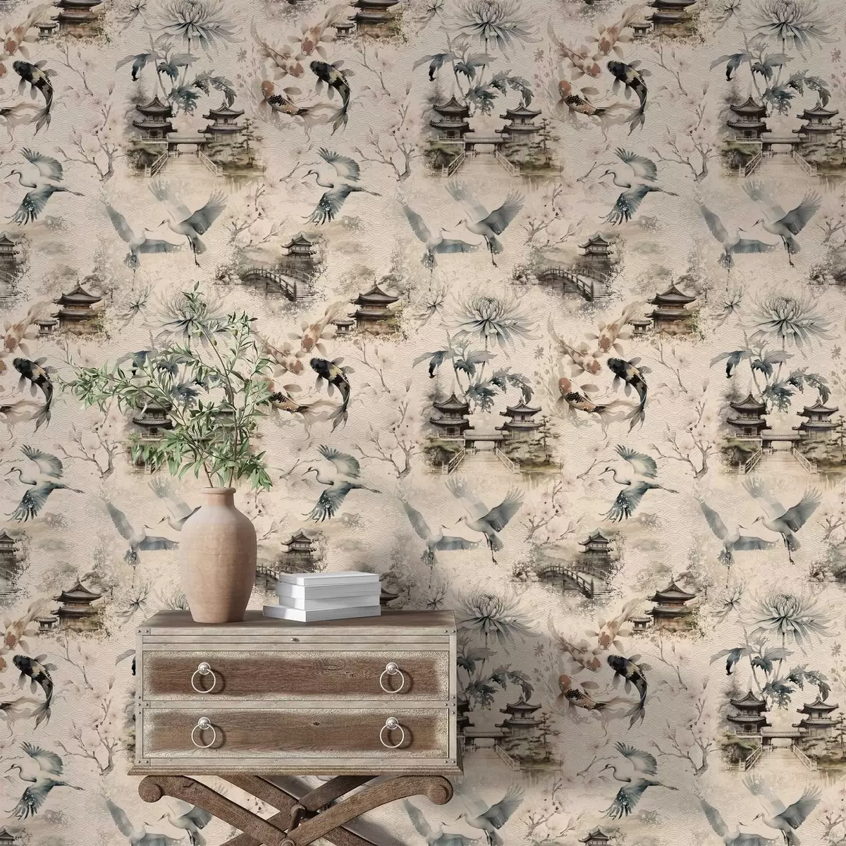 Bakgrund Japanska tempel, koi-fiskar och tranor på en mjuk bakgrund a01040