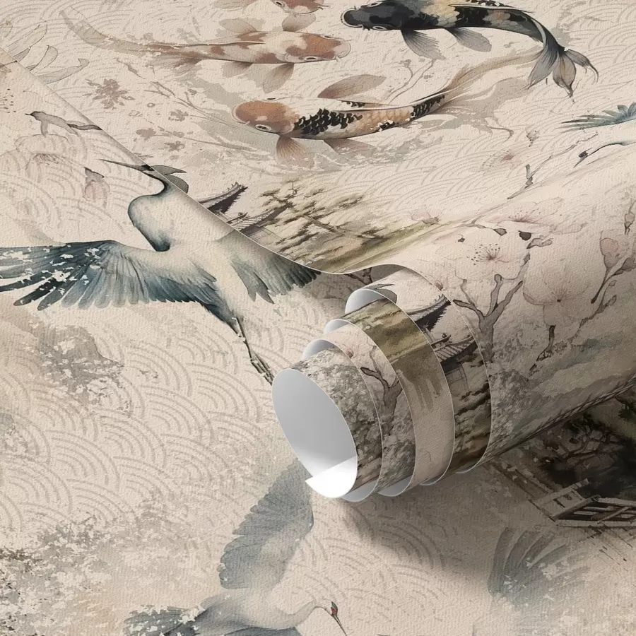 Fototapet Japanska tempel, koi-fiskar och tranor på en mjuk bakgrund a01040