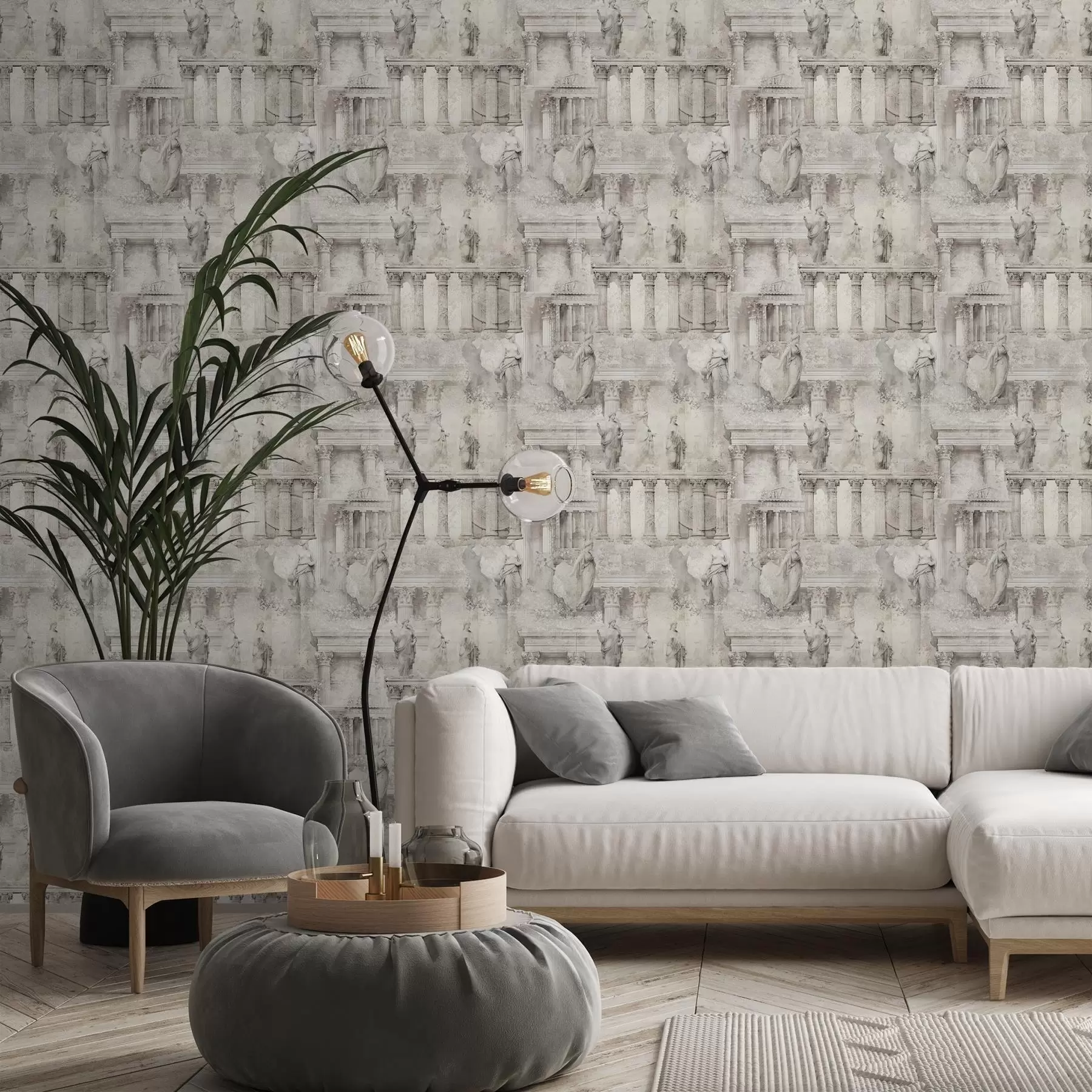 Fototapet Antika statyer och pelare i mjuka beige-grå toner a01041