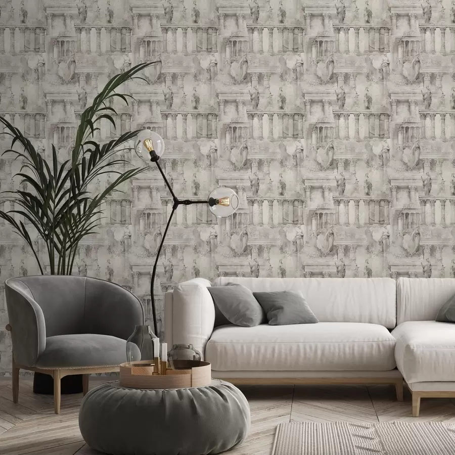 Fototapet Antika statyer och pelare i mjuka beige-grå toner a01041