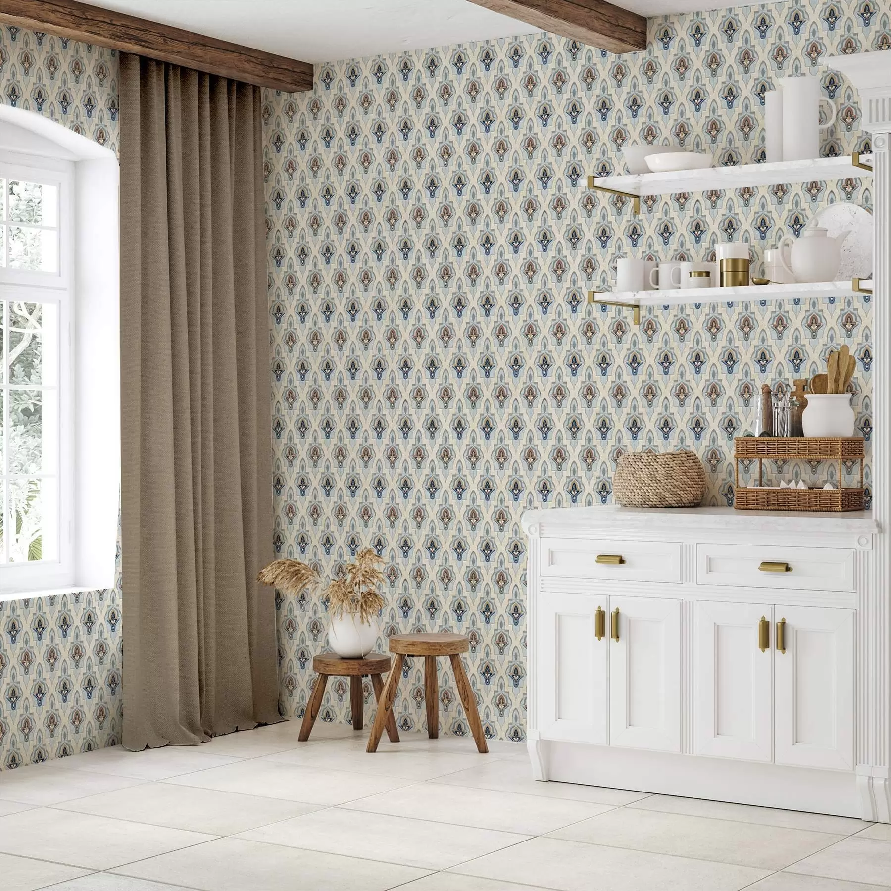 Fototapet Orientaliskt mönster av små kakelplattor i en blå-sandfärgad palett a01044