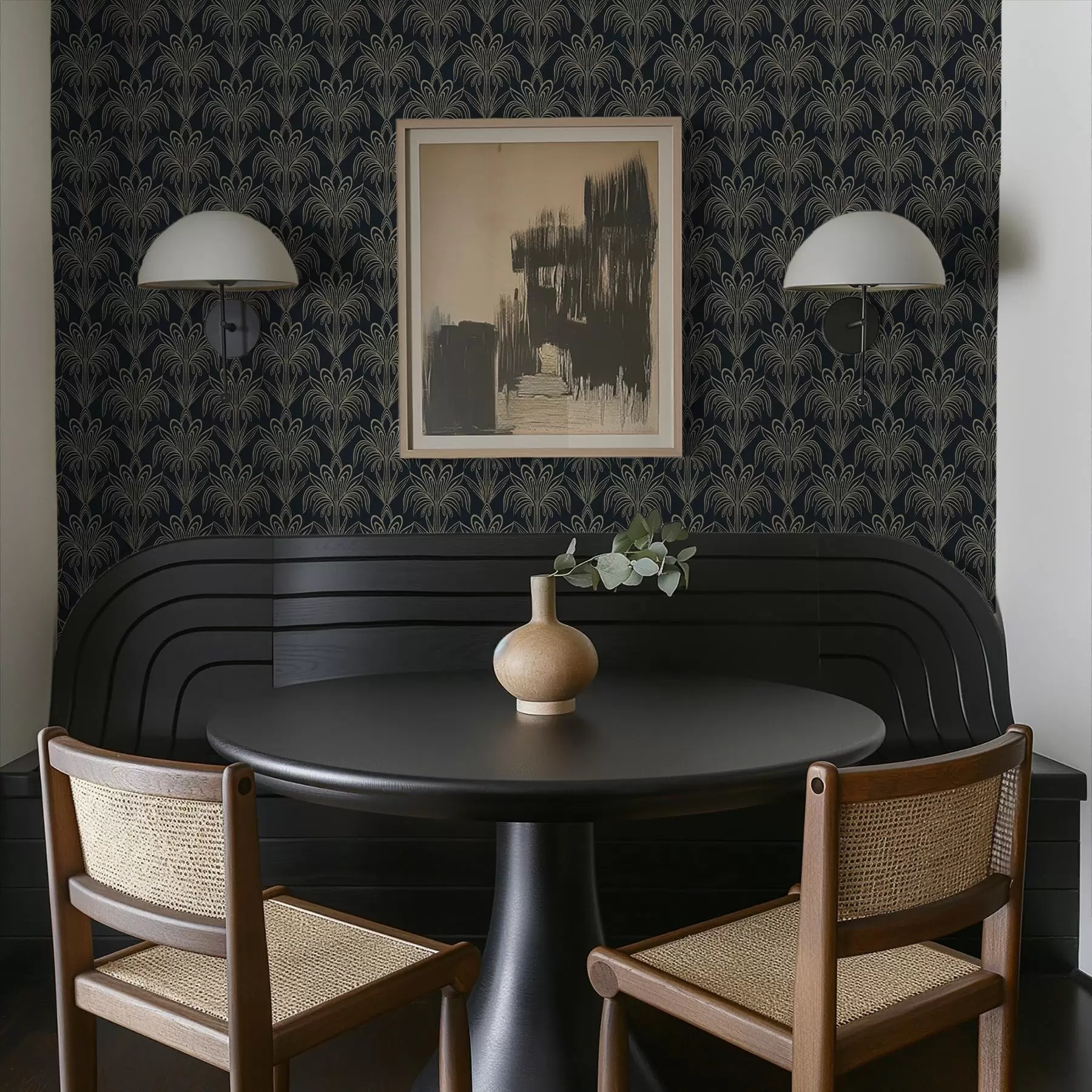 Fototapet Mörkt art déco-ornament med stiliserade växter a01065