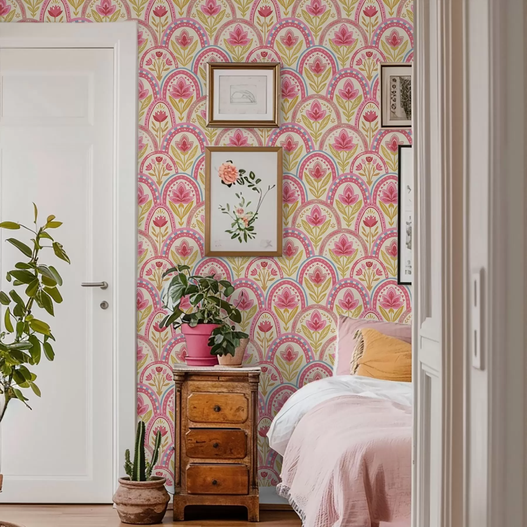 Fototapet Bågar med rosa blommor i folklig stil a01080