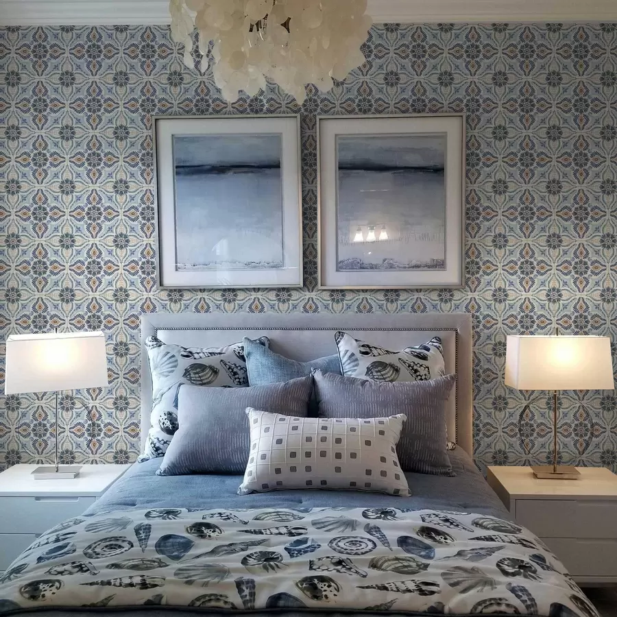 Fototapet Blåbeige kakelstil ornament målad i akvarell a01085