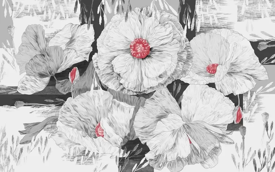 Fototapet Monokroma blommor i mjuk elegans w02477