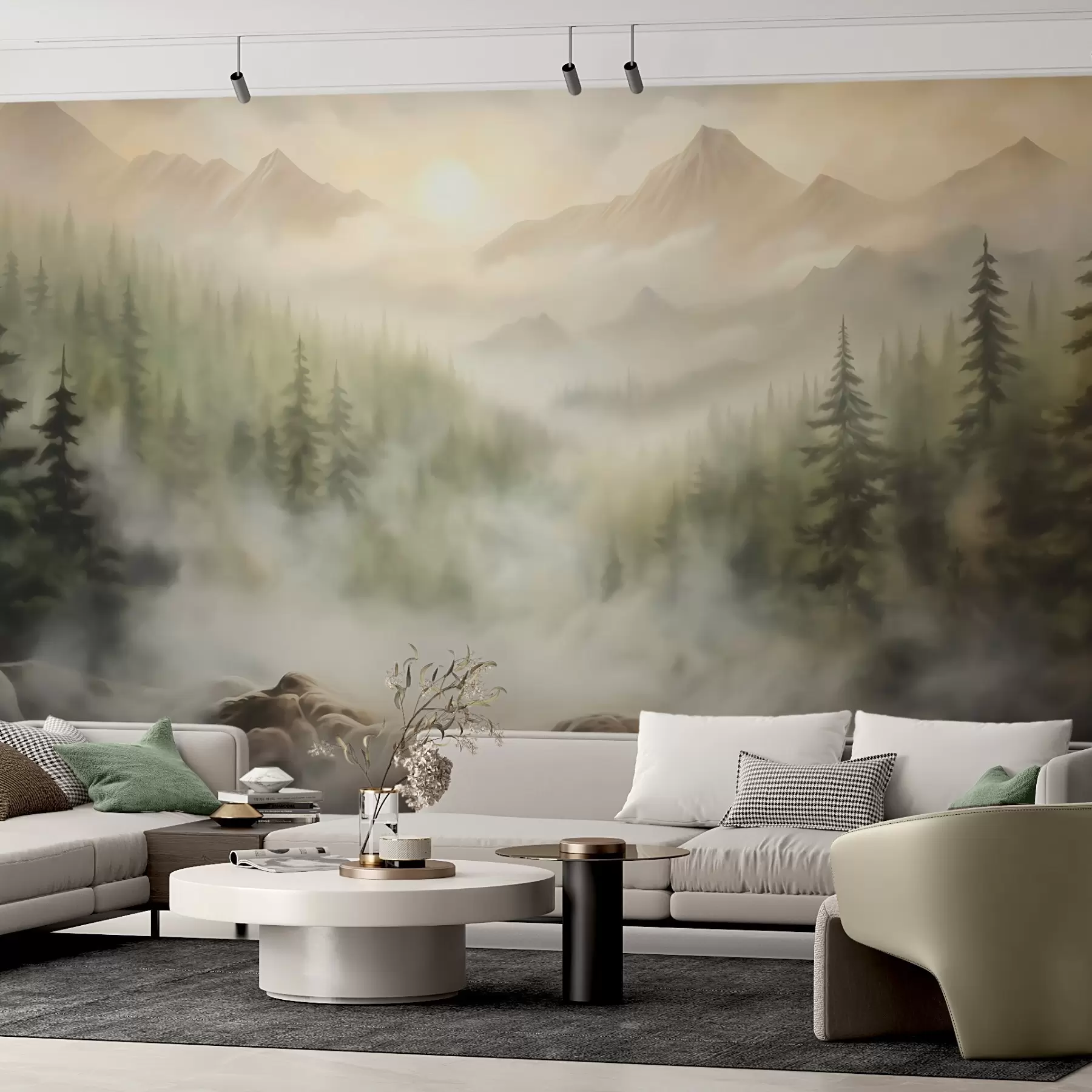 Fototapet Skog i dimman mot bakgrund av berg w04730