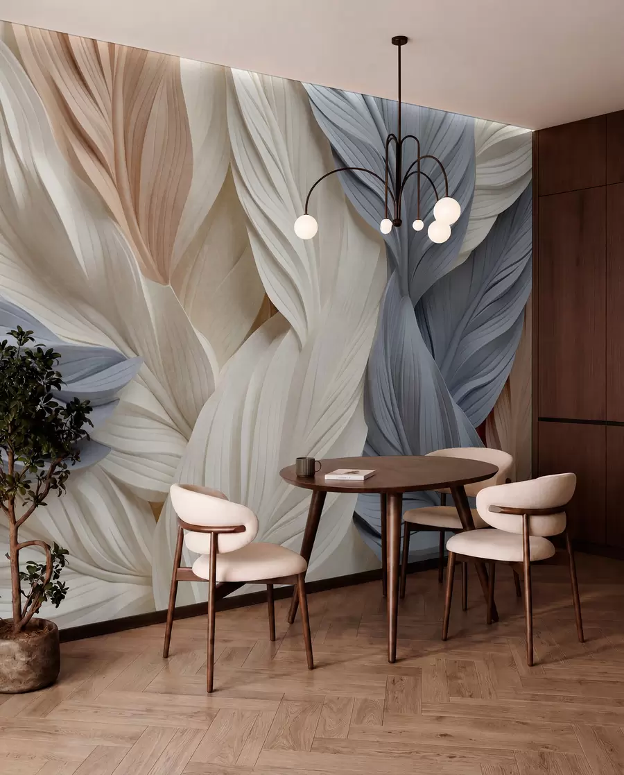 Fototapet Abstrakta, skiktade fjädrar i kräm-, beige- och ljusblå nyanser, med ett strukturerat, organiskt utseende. w09603