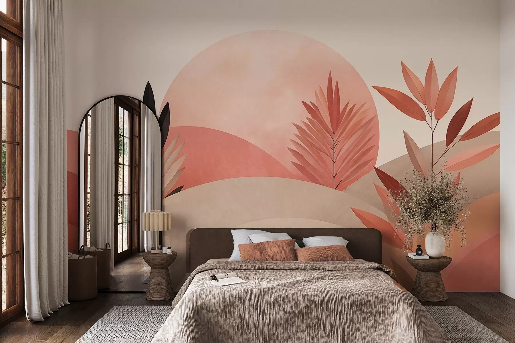 Fototapet Abstrakt boho-landskap, sol bakom böljande kullar, växter i förgrunden, minimalistiskt, strukturerat, dämpade färger w09608