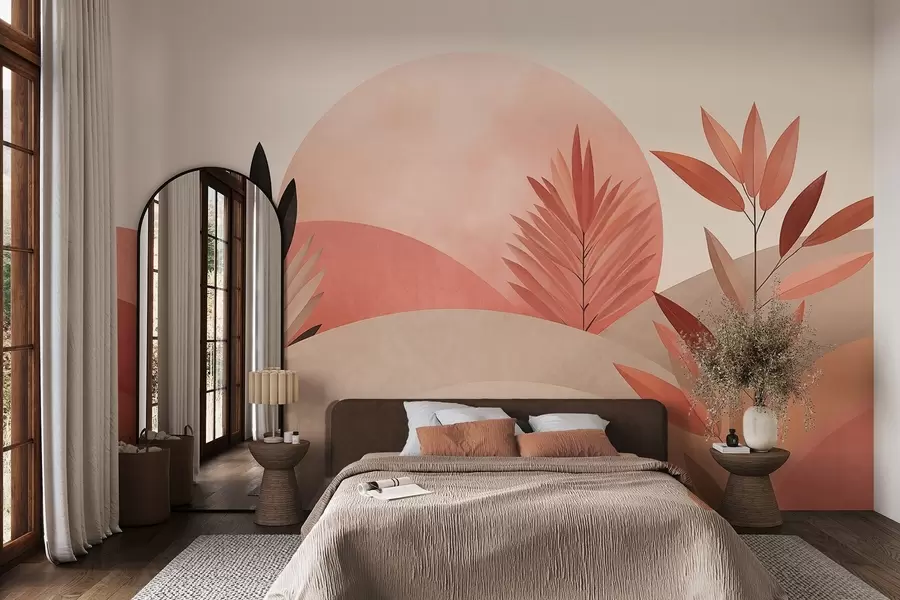 Fototapet Abstrakt boho-landskap, sol bakom böljande kullar, växter i förgrunden, minimalistiskt, strukturerat, dämpade färger w09608