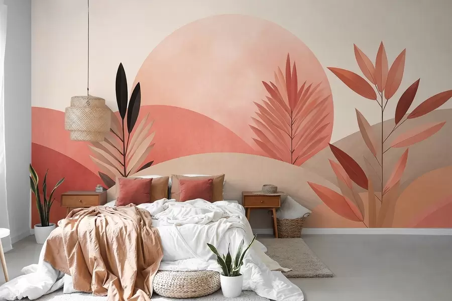 Fototapet Abstrakt boho-landskap, sol bakom böljande kullar, växter i förgrunden, minimalistiskt, strukturerat, dämpade färger w09608
