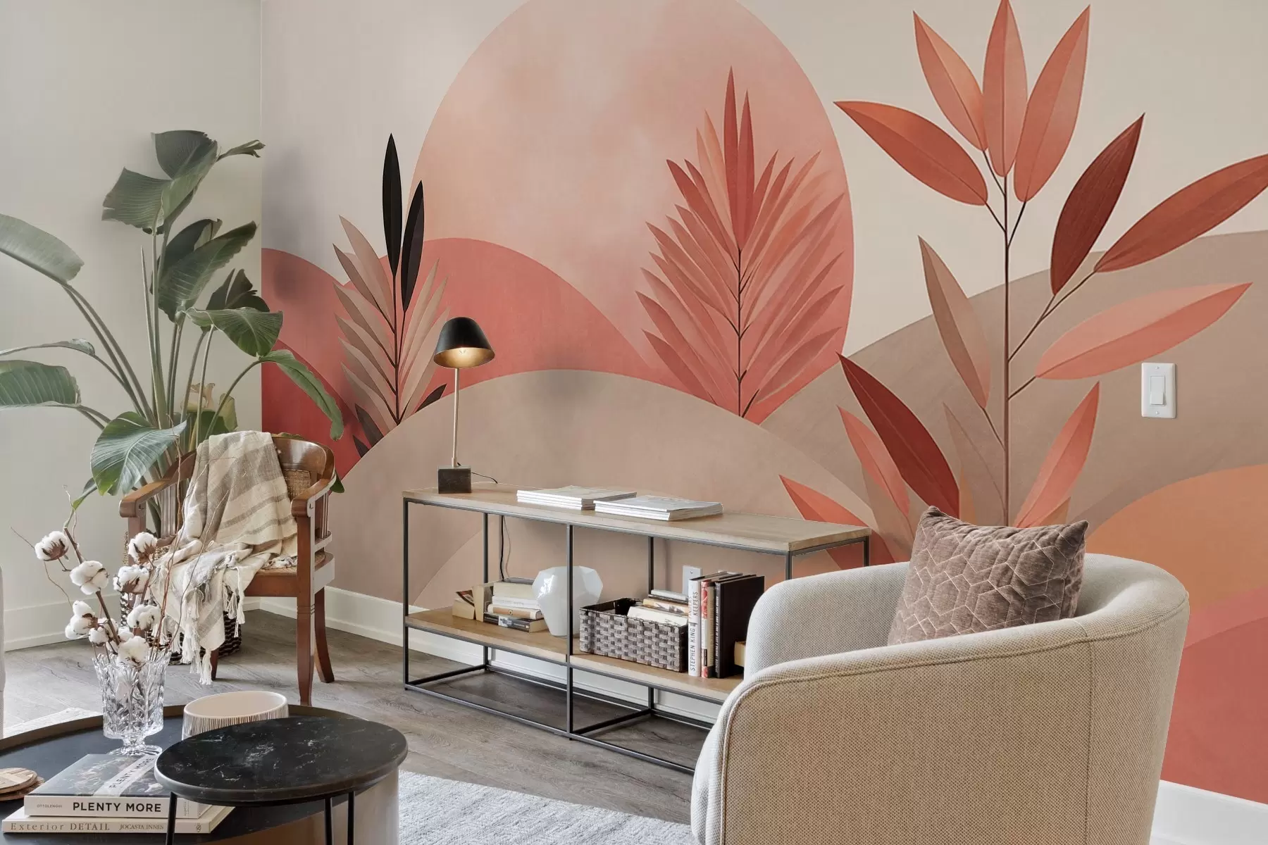 Fototapet Abstrakt boho-landskap, sol bakom böljande kullar, växter i förgrunden, minimalistiskt, strukturerat, dämpade färger w09608