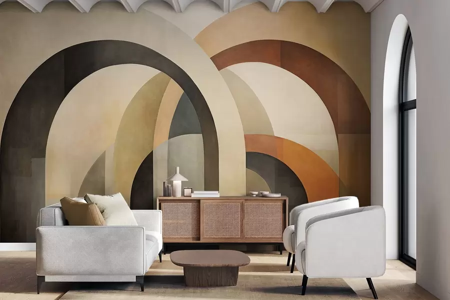 Fototapet Abstrakta geometriska bågar med struktur i jordnära toner av beige, brunt och grått, en modern arkitektonisk design i flera lager. w09611