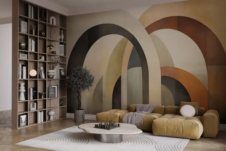 Fototapet Abstrakta geometriska bågar med struktur i jordnära toner av beige, brunt och grått, en modern arkitektonisk design i flera lager. w09611
