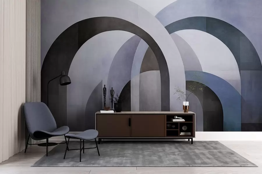 Fototapet Abstrakta texturerade geometriska bågar i blå, svarta och grå toner, en modern arkitektonisk design i flera lager. w09611v1