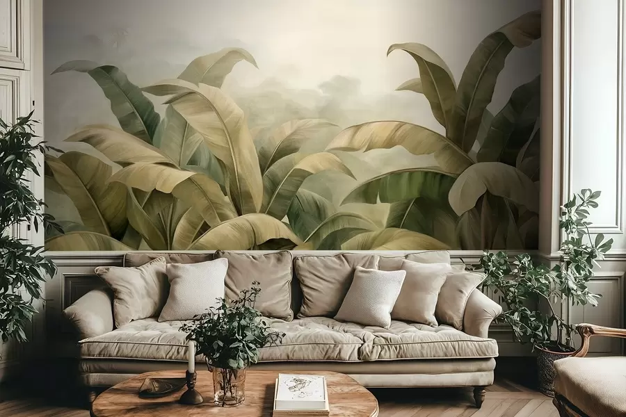 Fototapet Strukturerat, tätt djungellandskap med stora bananblad i dämpade gröna och beige toner. w09613
