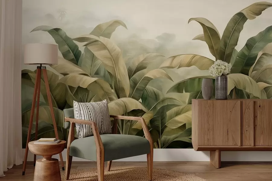 Fototapet Strukturerat, tätt djungellandskap med stora bananblad i dämpade gröna och beige toner. w09613