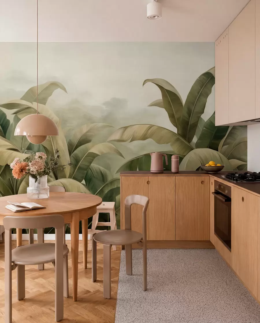 Fototapet Strukturerat, tätt djungellandskap med stora bananblad i dämpade gröna och beige toner. w09613