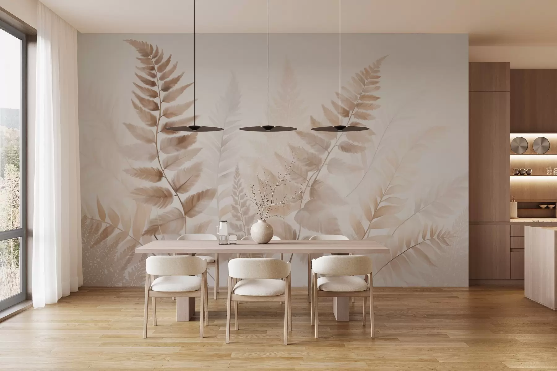 Fototapet Texturerade torkade ormbunksblad i olika nyanser av brunt, med en mjuk, ljus bakgrund i akvarellstil. w09615