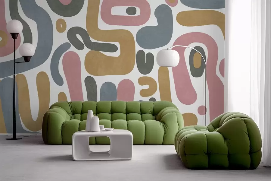 Fototapet Abstrakta texturerade former i pastellrosa, dämpad blå, senapsgul och grå på vit bakgrund modern konst w09620