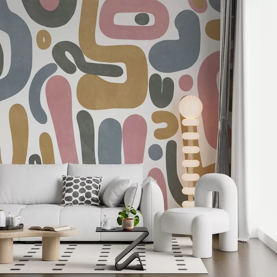 Fototapet Abstrakta texturerade former i pastellrosa, dämpad blå, senapsgul och grå på vit bakgrund modern konst w09620