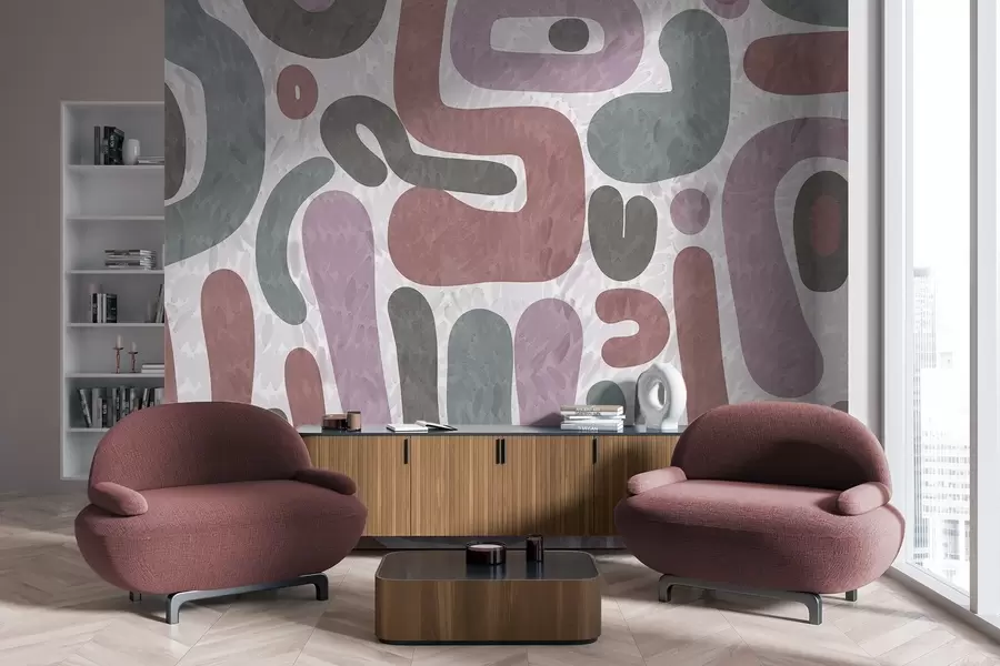 Fototapet Abstrakta texturerade former i dämpade rosa, gröna och grå toner på en texturerad bakgrund modern konst w09622